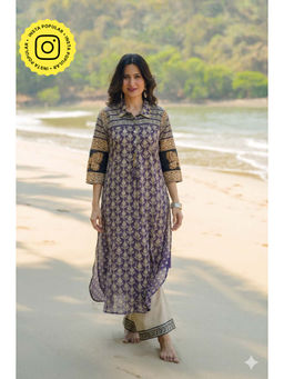Mahee Jaipur - Purple And Blue Vayu Mul Chanderi Block Print Kurta With Pant