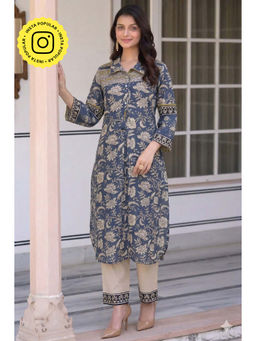 Mahee Jaipur - Blue And Yellow Basant Mul Chanderi Block Print Kurta With Pant