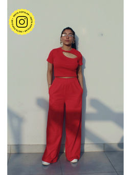 Obleka - Rib Half Sleeves French Terry Crop Top with Wide Leg Pant (Set of 2)