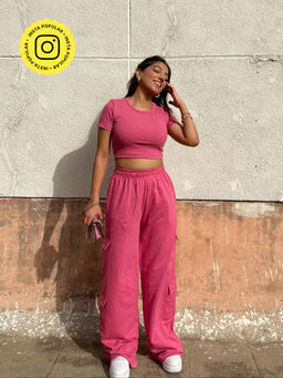Obleka - Rib Half Sleeves French Terry Crop Top with Cargo Pant (Set of 2)