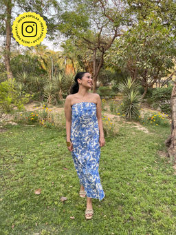 Obleka - Floral Tube Cotton Linen Blend Maxi Dress