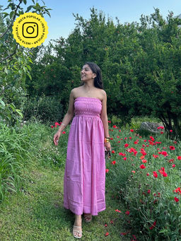 Obleka - Tube Pink Smocking Cotton Blend Dress