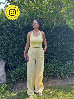 Obleka - Yellow Gingham Rib Halter Top with Pant (Set of 2)