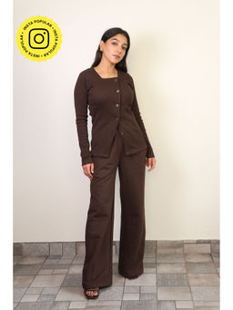 Obleka - Brown Rib Full Sleeves & Cotton Fleece Co-Ord (Set of 2)