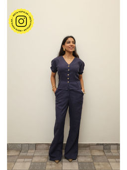 Obleka - Women Cotton Linen Navy Blue Co-Ord Set