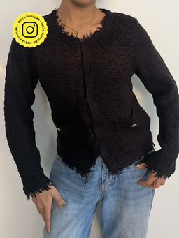 Obleka - Cozy Woollen Cardigan with Metallic Details Black