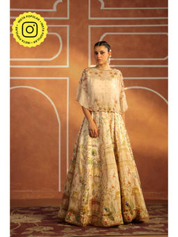 Pratapsons - Beige Printed Linen Satin Silk Lehenga Set