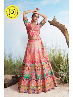Pratapsons - Coral Pink Printed Premium Silk Lehenga Set