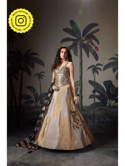 PRATAPSONS HERITAGE - Beige Gold Mirror Embellished Raw Silk Lehenga Set
