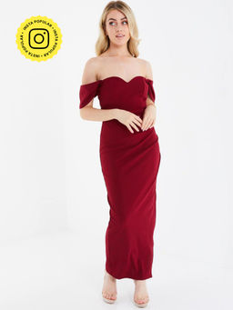 Quiz Clothing - Berry Scuba Crepe Bardot Sweetheart Maxi Dress