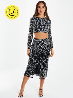 Quiz Clothing - Black Embellished Mesh Midi Skirt