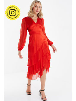 Quiz Clothing - Orange V Neck Long Sleeve Frill Midi Dress