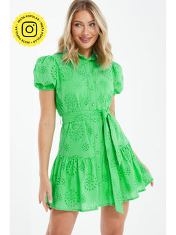 Quiz Clothing - Green Broderie Anglaise Puff Sleeve Mini Dress (Set of 2)