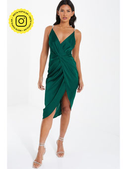 Quiz Clothing - Bottle Green Satin Diamante Strap Ruched Front Knee Dress
