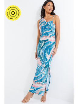 Quiz Clothing - Blue Marble Satin Maxi Dress