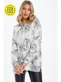 Quiz Clothing - Off White and Black Woven Floral Long Sleeve Shirt