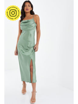 Quiz Clothing - Sage Green Satin Midi Dress