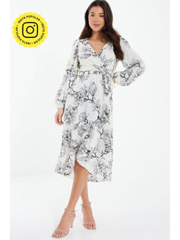 Quiz Clothing - Off White And Black Floral Printed Long-sleeve Dress (Set of 2)