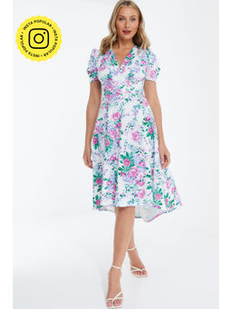 Quiz Clothing - White And Green Scuba Floral Wrap Puff Sleeve Dress