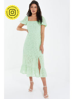 Quiz Clothing - Sage Green Jacquard Puff Sleeve Midi Dress