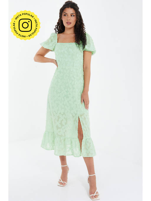 quiz clothing green dress Buy Sage Jacquard Puff Sleeve Midi Online Hex:REGRN004-#C8DFC0