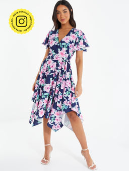 Quiz Clothing - Navy/pink Floral Scuba Crepe Hanky Hem Dress (Set of 2)