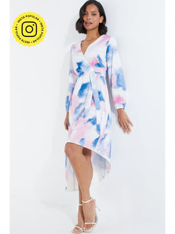 Quiz Clothing - Blue And Pink Stone Marble Asymmetric Long Sleeve Wrap Dress (Set of 2)