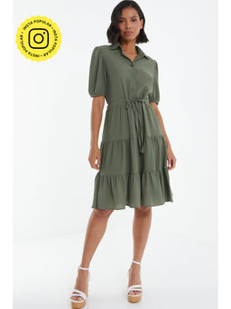 Quiz Clothing - Grey Bubble Crepe Puff Sleeve Tiered Shirt Dress