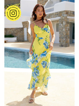 Quiz Clothing - Yellow Floral Chiffon Frill Detail Midi Dress