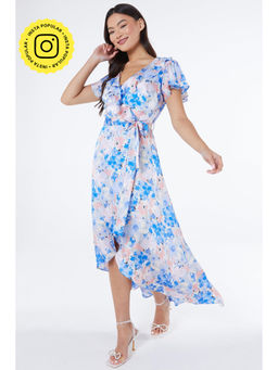 Quiz Clothing - Blue And Pink Satin Floral Wrap Frill Midi Dress (Set of 2)