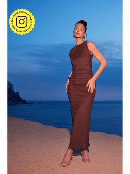 Quiz Clothing - Brown Mesh Ruched Bodycon Maxi Dress
