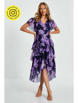 Quiz Clothing - Navy Blue Chiffon Wrap Floral Tiered Midi Dress