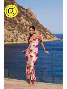 Quiz Clothing - Pink Satin Marble Cowl Drop Shoulder Sleeve Maxi Dress