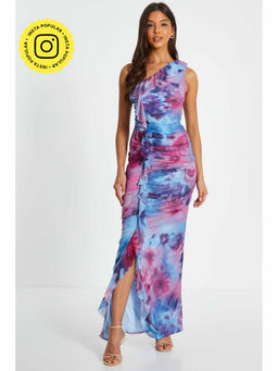Quiz Clothing - Berry Mesh Floral One Shoulder Frill Maxi Dress
