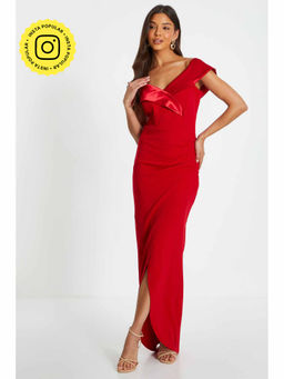 Quiz Clothing - Red Scuba Crepe Satin Wrap Maxi Dress