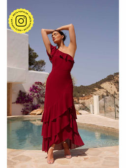 Quiz Clothing - Maroon One Shoulder Chiffon Ruffle Maxi Dress