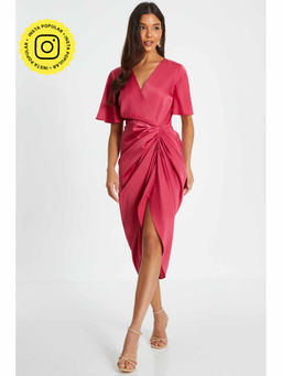 Quiz Clothing - Pink Satin Ruched Detail Midi Wrap Dress