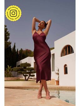 Quiz Clothing - Wine Satin V-Neck Slip Maxi Dress