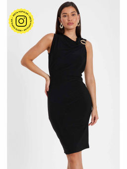 Quiz Clothing - Black Inter Lock Yarn Gold Buckle Detail Dress