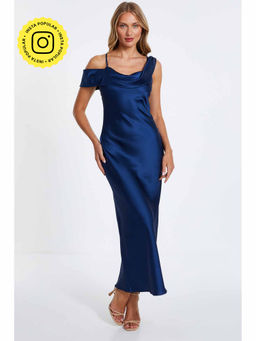 Quiz Clothing - Navy Blue Satin Cowl Shoulder Maxi Dress