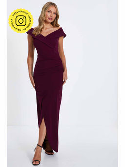Quiz Clothing - Burgundy Scuba Crepe Bardot Wrap Maxi Dress
