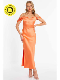 Quiz Clothing - Orange Satin Cowl Cold Shoulder Maxi Dress