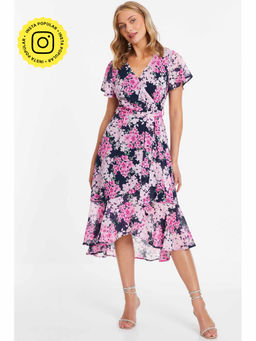Quiz Clothing - Lilac Navy Blue Floral Print Midi Dip Hem Dress with Belt (Set of 2)