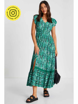 Quiz Clothing - Green Printed Crochet Trim Maxi Dress