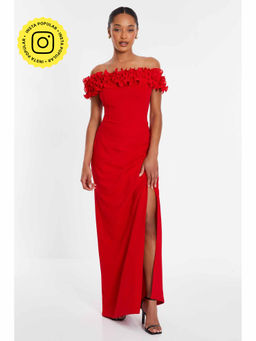 Quiz Clothing - Red Scuba Crepe Organza Trim Dress