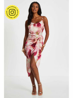 Quiz Clothing - Pink Satin Marble Cowl Ruched Midi Dress