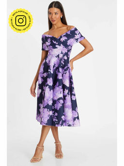 Quiz Clothing - Navy Blue Floral Scuba Foam Dress