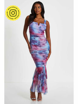 Quiz Clothing - Berry Mesh Floral Strappy Ruched Maxi Dress