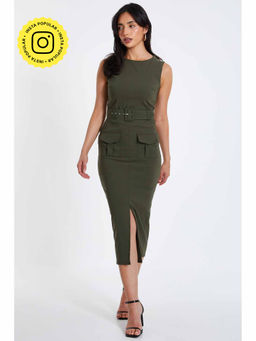 Quiz Clothing - Olive Split Front Midi Dress with Belt (Set of 2)