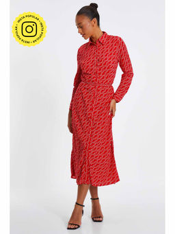 Quiz Clothing - Red Chain Print Chiffon Midi Shirt Dress with Belt (Set of 2)